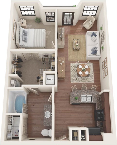 Floor plan for 1 bed, 1 bath, 802 sqft