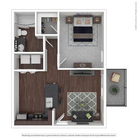 Floor plan for 1 bed, 1 bath, 604 sqft