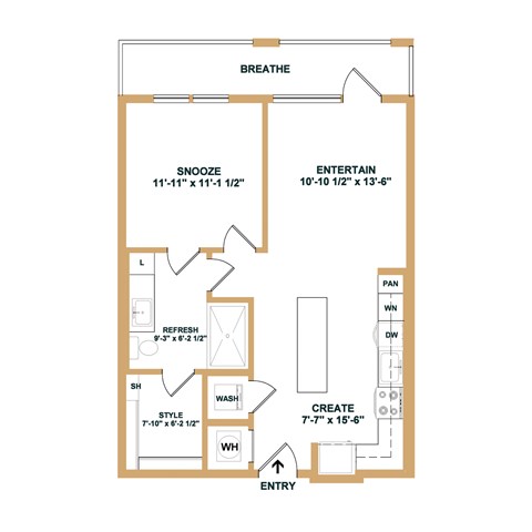 Floor plan for 1 bed, 1 bath, 640 sqft