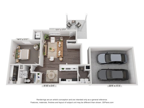 Floor plan for 1 bed, 1 bath, 963 sqft