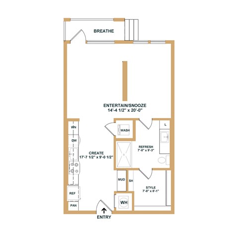 Floor plan for studio, 1 bath, 680 sqft