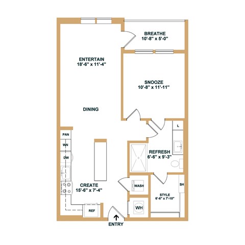 Floor plan for 1 bed, 1 bath, 694 sqft
