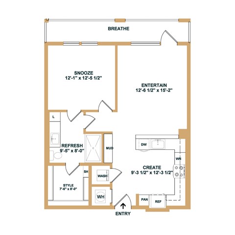 Floor plan for 1 bed, 1 bath, 725 sqft