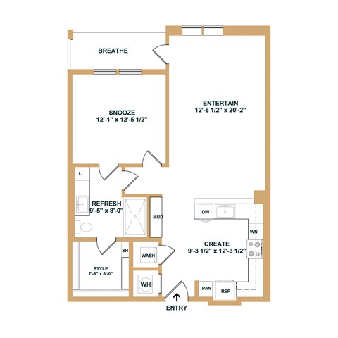 Floor plan for 1 bed, 1 bath, 791 sqft
