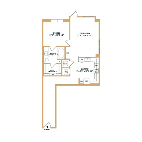 Floor plan for 1 bed, 1 bath, 839 sqft