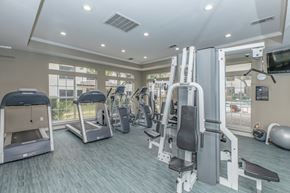 Euless apartment for rent - a gym with cardio equipment and a flat screen tv
