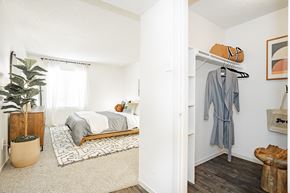 Dallas apartment for rent - a bedroom with a bed and a closet with a robe hanging on the wall