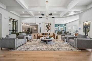 Carrollton apartment for rent - A spacious living room with grey couches and a patterned rug.