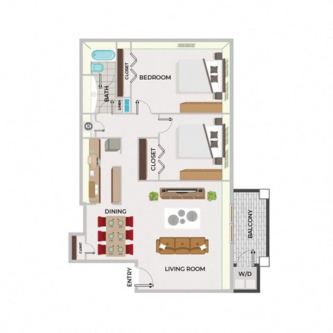 Floor plan for 2 beds, 1 bath, 933 sqft