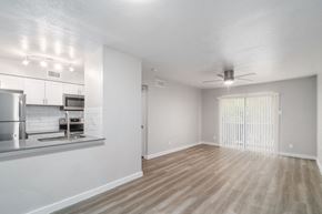 Dallas apartment for rent - an empty living room with a kitchen in the background