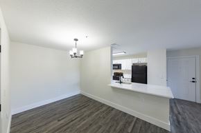 Jacksonville apartment for rent - A kitchen area with a counter and a fridge.