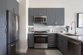 The Woodlands apartment for rent - grey kitchen appliances and grey cabinets in kitchen