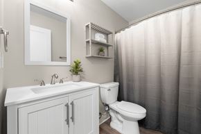 South Lyon apartment for rent - A white bathroom with a toilet, sink, and shower curtain.