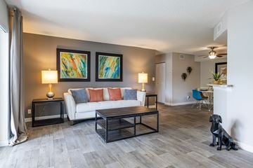 North Lauderdale apartment for rent - A living room with a white couch, a black dog, and two abstract paintings on the wall.
