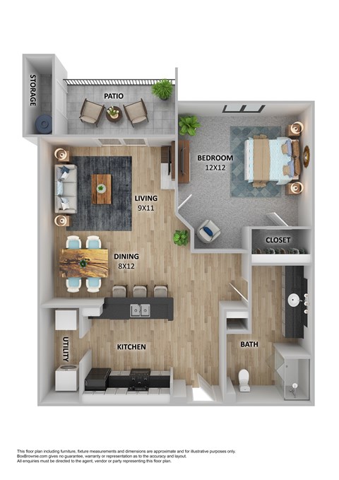 Floor plan for 1 bed, 1 bath, 748 sqft