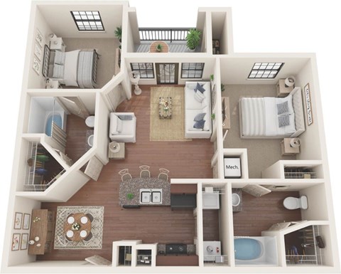 Floor plan for 2 beds, 2 baths, 994 sqft