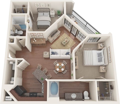 Floor plan for 2 beds, 2 baths, 1056 sqft