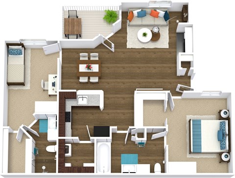 Floor plan for 2 beds, 2 baths, 1000 sqft