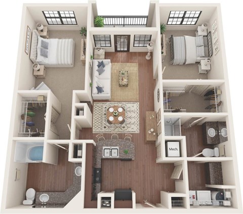 Floor plan for 2 beds, 2 baths, 1234 sqft