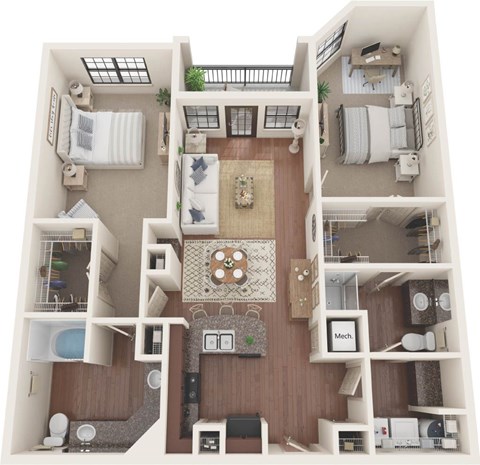 Floor plan for 2 beds, 2 baths, 1279 sqft