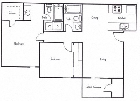 Floor plan for 2 beds, 2 baths, 835 sqft