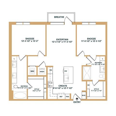Floor plan for 2 beds, 2 baths, 1042 sqft