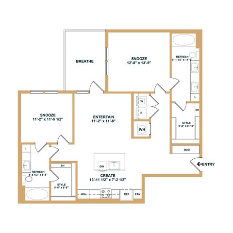 Floor plan for 2 beds, 2 baths, 1082 sqft