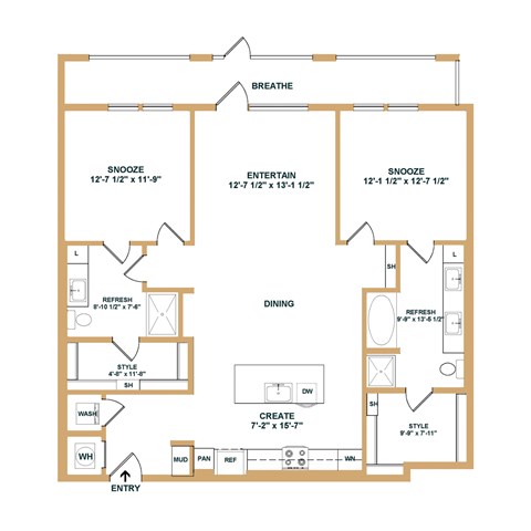 Floor plan for 2 beds, 2 baths, 1250 sqft