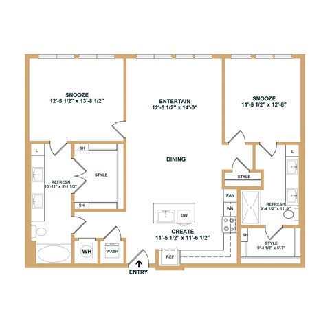Floor plan for 2 beds, 2 baths, 1177 sqft