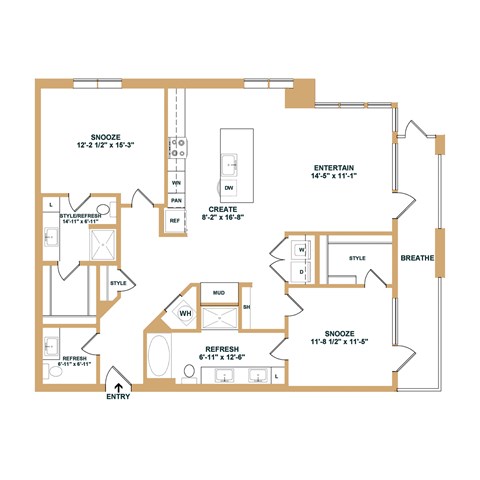 Floor plan for 2 beds, 2 baths, 1339 sqft