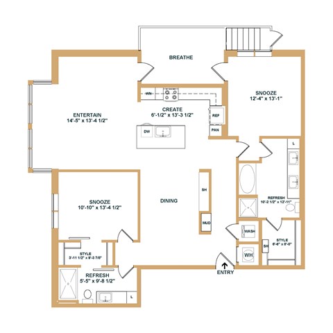 Floor plan for 2 beds, 2 baths, 1362 sqft