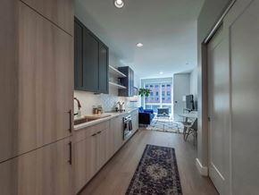 Chicago apartment for rent - A modern kitchen with wooden cabinets and a blue rug on the floor.