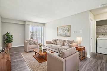 Austin apartment for rent - A living room with a couch, chair, and a table with a vase of flowers on it.