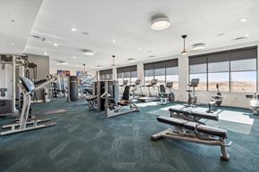 Denver apartment for rent - A gym with a view of the desert outside the window.