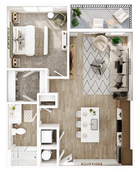 Floor plan for 1 bed, 1 bath, 731 sqft