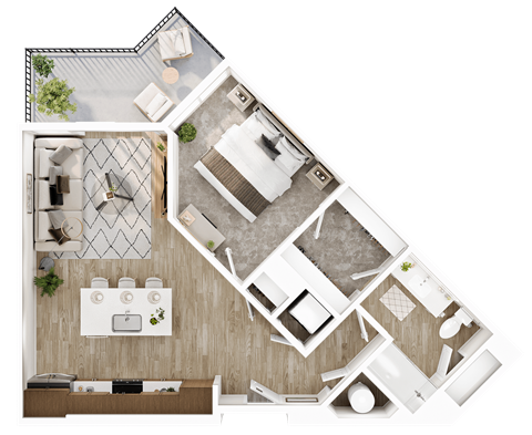 Floor plan for 1 bed, 1 bath, 716 sqft