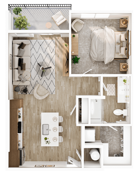 Floor plan for 1 bed, 1 bath, 776 sqft