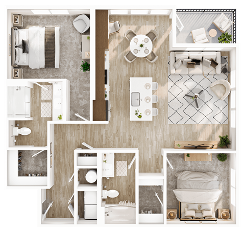 Floor plan for 2 beds, 2 baths, 1232 sqft