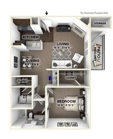 Floor plan for 1 bed, 1 bath, 754 sqft