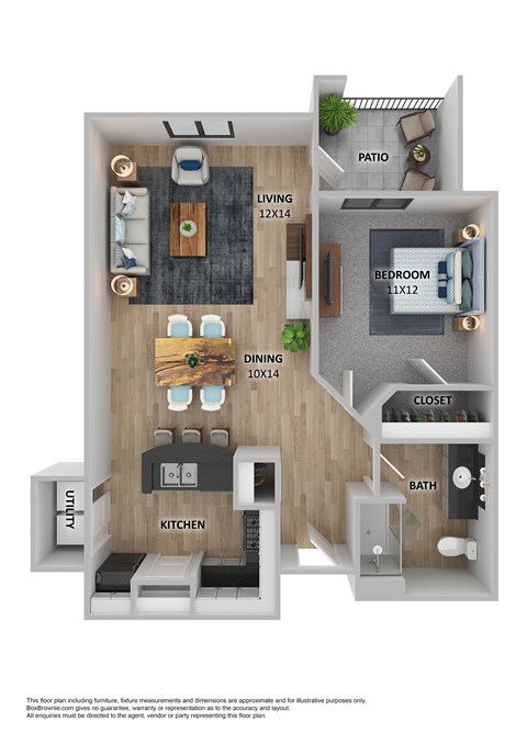 Floor plan for 1 bed, 1 bath, 748 sqft