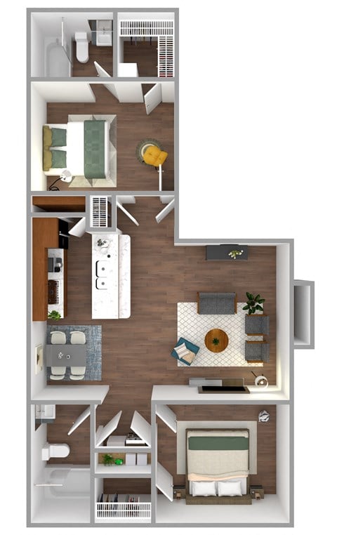 Floor plan for 2 beds, 2 baths, 889 sqft