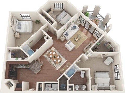 Floor plan for 3 beds, 2 baths, 1408 sqft