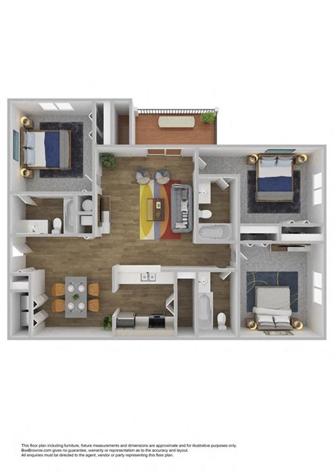 Floor plan for 3 beds, 3 baths, 1228 sqft