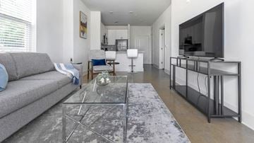Charlotte apartment for rent - A modern living room with a grey sofa and a glass coffee table.