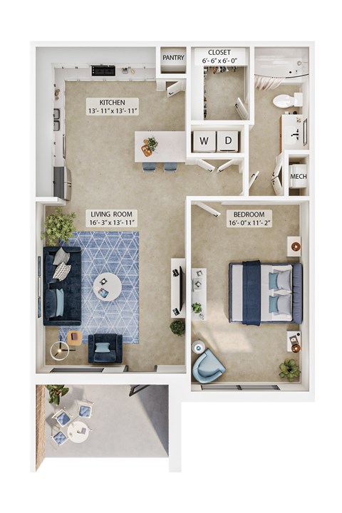 Floor plan for 1 bed, 1 bath, 762 sqft