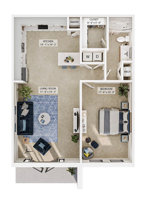 Floor plan for 1 bed, 1 bath, 898 sqft