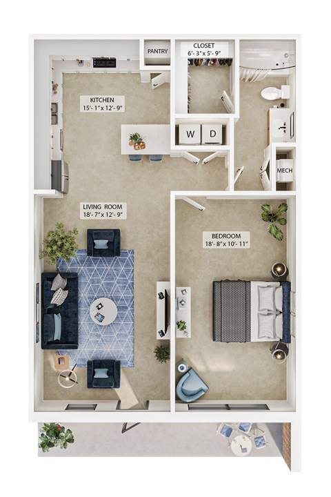 Floor plan for 1 bed, 1 bath, 790 sqft