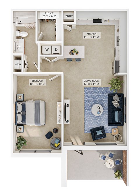 Floor plan for 1 bed, 1 bath, 793 sqft