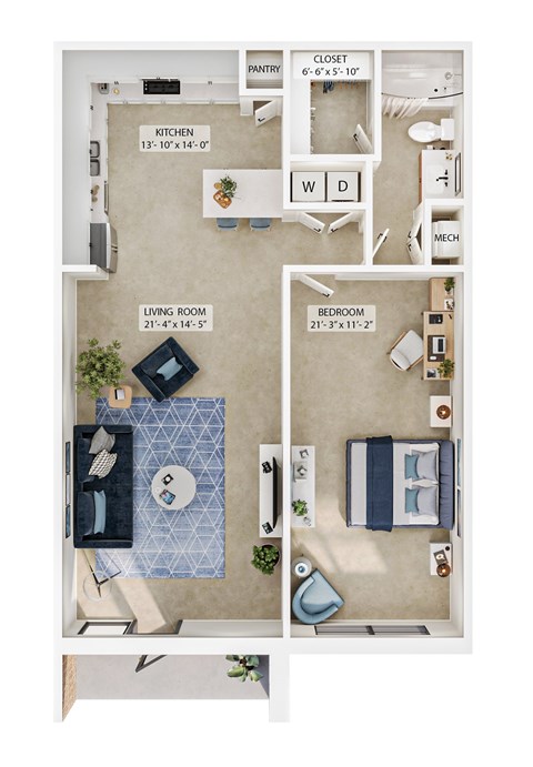Floor plan for 1 bed, 1 bath, 1049 sqft