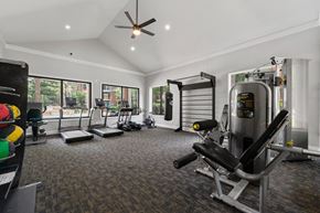 Atlanta apartment for rent - A spacious home gym with a variety of equipment including a treadmill, a stationary bike, and a weight bench.